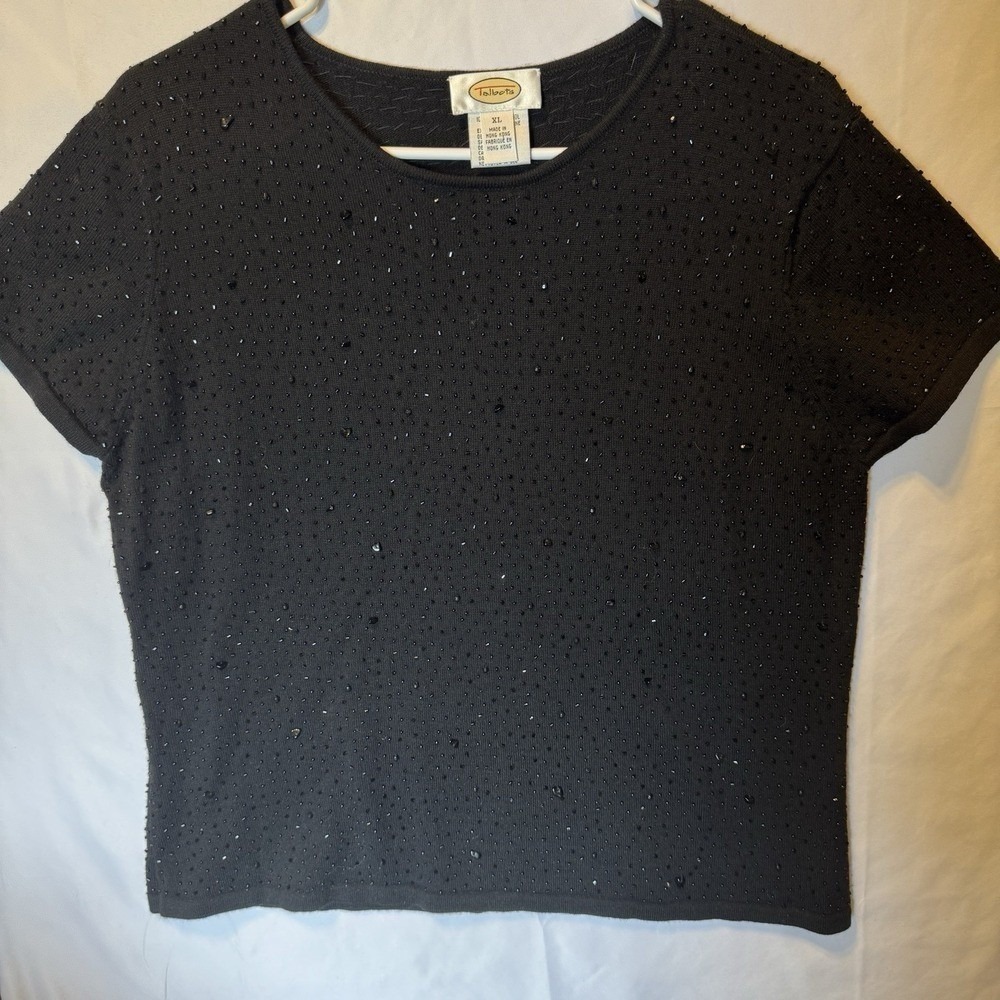 Talbots Womens XL Black Beaded Short Sleeve Top Sparkle 100% Merino Wool